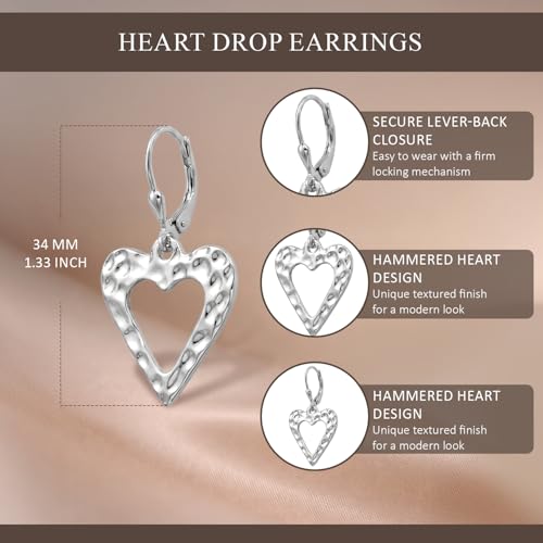 LeCalla 925 Sterling Silver Drop & Dangle Earrings for Women | Handmade Hammered Textured Drop Dangle Earring Jewelry | Women's Hammered Earrings Jewelry for Gift Mom Wife - color: Open Heart
