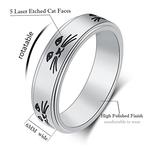 Anxiety Ring for Women Spinner Rings:Rotating Rings Stainless Steel 6mm Moon Star Anxiety for Men Band Jewelry Gift for Women Size 6 7 8 9 10 - color: Cute Cat-Silver