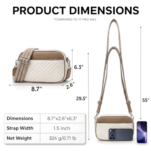 Vantamo Premium Quilted Crossbody Bags for Women with Anti-Pickpocket Clip, Vegan Leather Handbags, Travel Purses for Women - color: White & Stone With Jacquard Strap