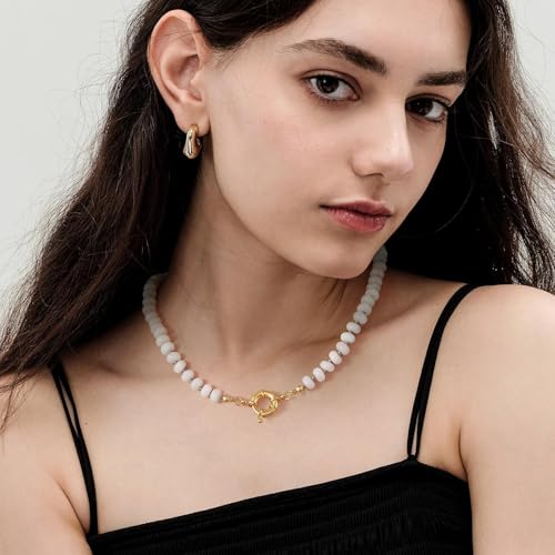 KissYan Beaded Gemstone Necklace for Women, Natural Stone Beach bead Necklace, 18" Boho Summer Handmade Jewelry Gifts - color: Cloud Dancer