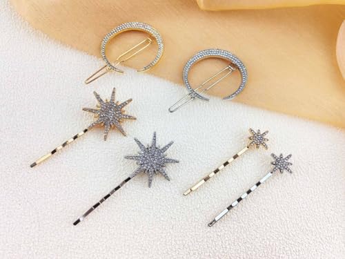 3 Pack Moon Star Hair Clips Gold Celestial Crystal Hairpins Hair Accessories for Women Bridal Wedding Party Festival Boho Style Hair Jewelry