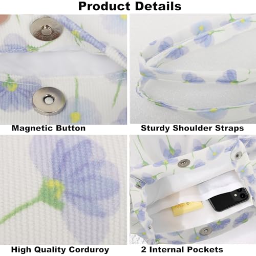 Corduroy Tote Bag for Women Small Canvas Shoulder Purse Cord Handy Bag with Inner Pocket | with Front Pocket - color: 03 Floral-1