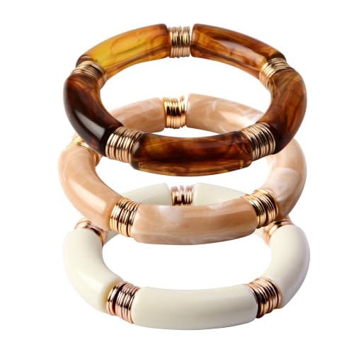 GOOJIDS Simple Beaded Gold Plated Bangles Bracelet Chunky Bamboo Tube Curved Stacking Clear Acrylic Colorful Beads Stretchable Gold Plated Bracelets Set For Women - color: S-Small size Brown 3PCS Set
