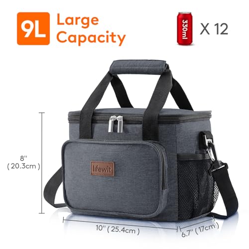 Lifewit Medium Lunch Bag, Insulated Lunch Box, Soft Cooler Cooling Tote for Adult Men Women, Dark Gray 12-Can (9L) - color: Dark Gray, size: Medium(9L)