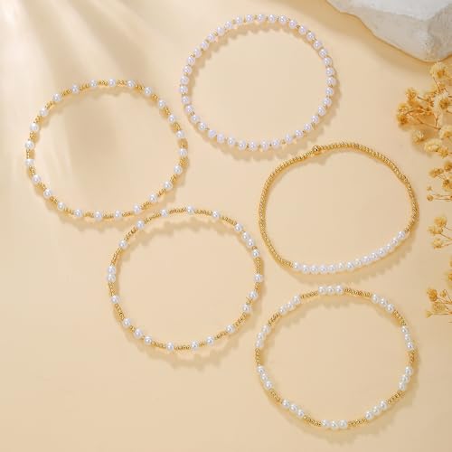 Gold Bracelets for Women 14K Gold Plated Beaded Non Tarnish Bracelets Stretch Bead Ball Bracelet Stack Set Jewelry for Gifts - color: G-SET 5PC