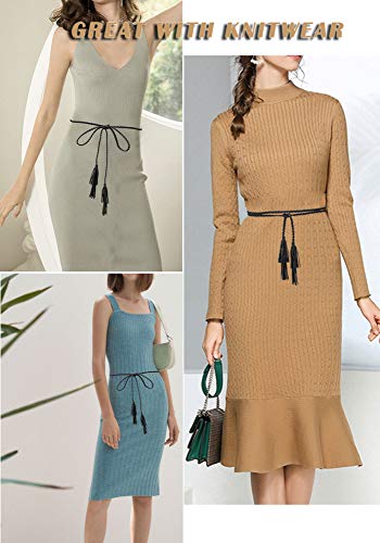 TeeYee Women Girls Multi Colors Braided Waist Tie Belt/Rope/Chain with Tassel Fringe Wrap Cloth Belts for Ladies Dress Pants - color: Black