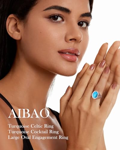 AIBAO 4-12 Ct Large Oval Engagement Rings for Women Natural Turquoise/Lapis Lazuli/Malachite Celtic/Infinity/Love Knot Halo Ring Size 6 to 10 Anniversary Christmas Valentines Gift - style: 4.3 Ct Blue Turquoise & Created White Sapphire