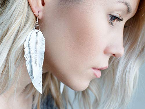 Black shiny Leather Feather Earrings for Women, Lightweight Minimal Boho Dangle Earrings, Small Simple Everyday Jewelry - color: white