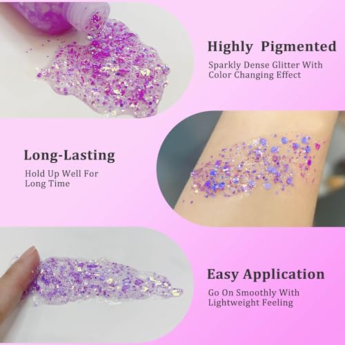 MEICOLY Chameleon Light Purple Hair Glitter,Holographic Chunky Face Body Glitter,Color Changing Mermaid Face Glitter,Self-adhesive Glitter Sequin for Face Body Hair,Festival Party Cheer Glitter Makeup - color: chameleon light purple body glitter
