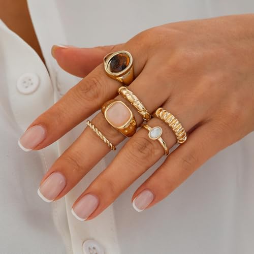 Chunky Gold Rings for Women Non Tarnish Silver Chunky Rings Set Adjustable Thick Statement Ring Gold Stackable Ring for Women Trendy Fashion Silver Jewelry - style: Style8-Gemstone Gold 6Pcs