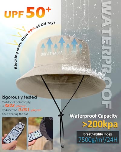 Water-Resistant Bucket Hat for Women Men Rain Hat UPF 50+ Boonie Sun Hat Foldable Summer Floppy Fishing Safari Hats - color: Beige