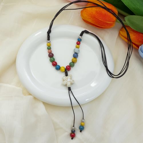 Boho Style Colorful Ceramic Bead Strand Necklace Adjustable Bohemian Jewelry Gift for Women, Fashion Clothing Matching Necklace - color: Colorful 1