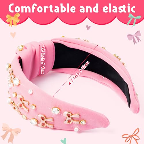 PANTIDE Coquette Pink Bow Jeweled Knotted Headband - Rhinestone Crystal Pearl Embellished Preppy Trendy Headband Wide Top Knot Non Slip Fashion Hairband Accessories Birthday Gift for Women Girl (Pink) - color: Pink Bow