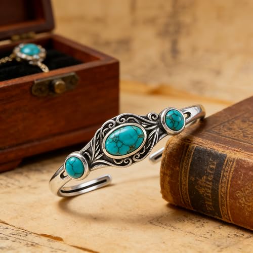 Genuine Turquoise Bracelet Cuff Bracelet for Women Mom 925 Sterling Silver Natural Turquoise Bangles Vintage Bracelet Boho Jewelry for Birthday Christmas Mother's Day Valentine's Day - style: Leaf 2