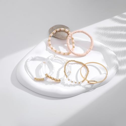 GOOJIDS Simple Beaded Gold Plated Bangles Bracelet Chunky Bamboo Tube Curved Stacking Clear Acrylic Colorful Beads Stretchable Gold Plated Bracelets Set For Women - color: A-A1 Clear Beads Bracelet