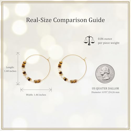 Natural Stone Beaded Hoop Earrings for Women, Boho Handmade Lightweight Hypoallergenic Trendy Summer Beach Accessories Fashion Jewelry Gift - color: TigerEye