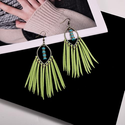 Long Bohemian Fringe Leather Earrrings Handmade Tassel Earrings with Turquoise Christmas Long Dangle Earrings for Women rodeo jewelry - color: 11