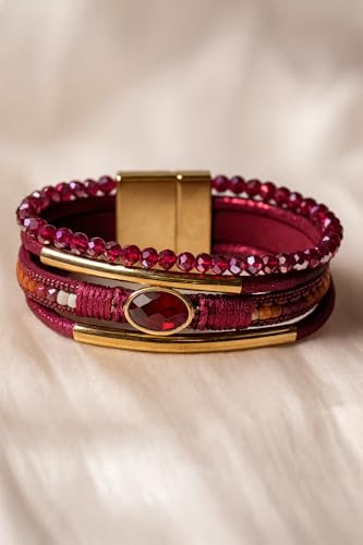 Boho Layered Bracelet for Women – Green Crystal Beaded Wrap Bracelet with Gold Clasp, Multi-Strand Hypoallergenic Statement Jewelry - color: Red Ruby