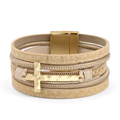 VIBILIA Boho Leather Wrap Bracelets for Women Men Multi-Layer Bracelets with Strong Clasp Western Jewelry - color: 06-Cross-Khaki