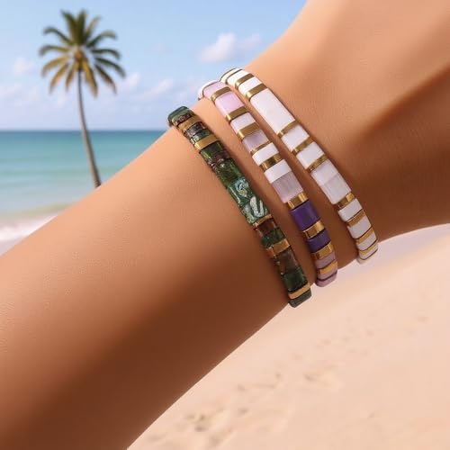 Tila Flat Square Stack Beaded Bracelets Set for Women Men, Boho 3Pcs Romantic Handmade Healing Gold Colorful Stretch Accessories Jewelry, Daily Vacation Party Holiday Friendship Gift - color: Purple White Green