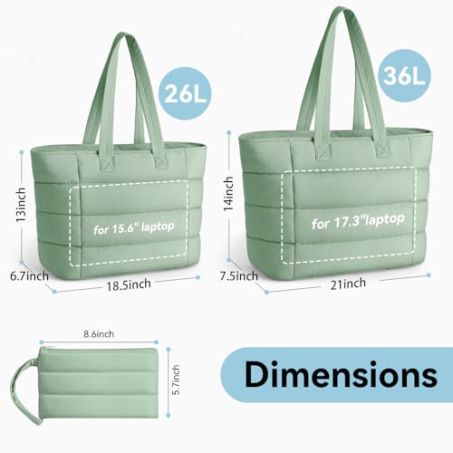 Puffer Tote Bag with Pouch, Women's Lightweight Quilted Shoulder Bag, 15.6"/17.3 Laptop Travel Weekender for Work & Nurses - color: Green, size: Medium