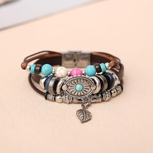 Turquoise Leather Western Bracelets for Women Men Bohemian Retro Turquoise Wrap Bracelets Exquisite Layered Stacked Cowboy Cowgirl Bracelet Western Country Concert Outfits Leather Cuff Bracelet for Women - style: Feather,Turquoise