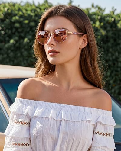 CARFIA Retro Round Sunglasses for Women Polarized UV Protection, Durable Acetate-Metal Frame Designer Eyewear CA1951 - color: 3. Flower Tortoiseshell Frame + Pink Mirrored Lens