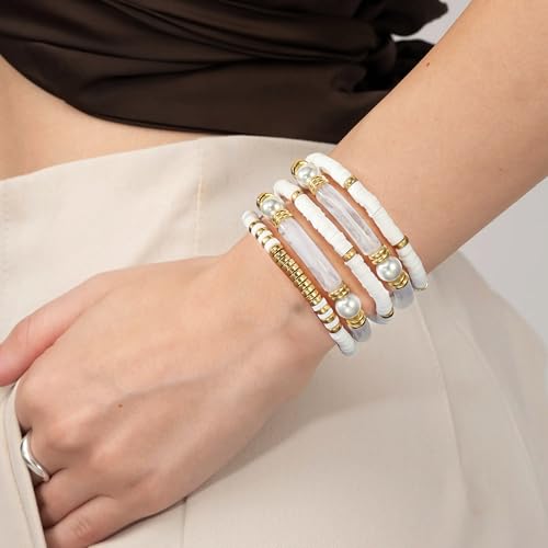 Elegance 11 designs colorful bracelets for women Surfer Thick Tube Heishi Summer Beach Beaded Stackable Boho Stretch Bracelets - color: Elegant White