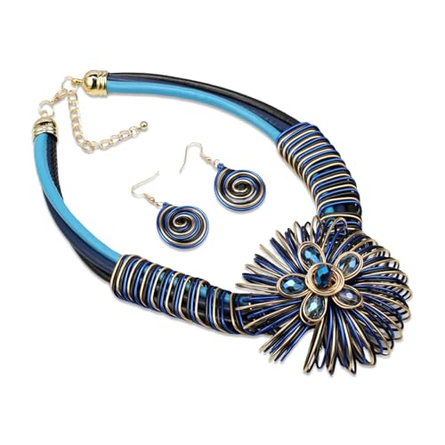 Ethnic Crystal Rhinestone Pendant Necklace Earrings Set Women Handmade Tribal Collar Choker Chunky Metal Bib Rope Chain African Statement Jewelry Set - color: NXR1418-blue