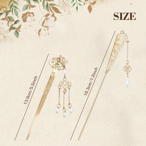 10 Pack Retro Gold Metal Long Hair Sticks Pins with Pearl Jade Dangles Tassels Pendants Chinese Hanfu Asian Flower Butterfly Hair Chopsticks Hair Picks Bun Forks Holders Hairpins