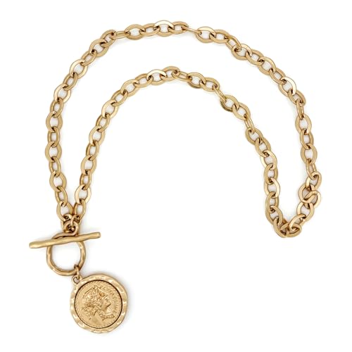 Chunky Gold Coin Necklace for Women Silver and Gold Chain Pendant Necklaces 18 Inch Antique Toggle Thick Link Fashion Jewelry Gift for Women - style: Worn Gold-F