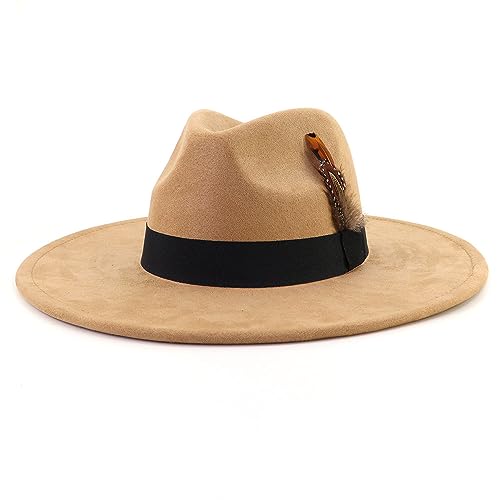LIDHAY Big Wide Brim Fedora Hats for Women Men Western Suede Hat Panama Hat Outdoor Hats - color: Camel