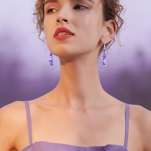 Handmade Bohemian Vintage Silver Nature Stone Beads Long Dangle Drop Earrings for Women - color: Light Purple