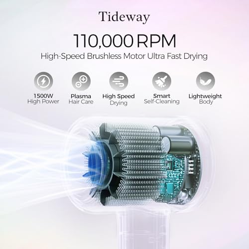 Tideway Hair Dryer Professional High-Speed Ionic Blow Dryer 110,000 RPM, Compact Hair Dryer with Magnetic Diffuser, Fast Drying with Brushless Motor Low Noise Smart Temperature Control-H11 - color: White