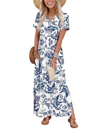OFEEFAN Summer Dresses for Women 2026 Maxi Dress Short Sleeve Sundresses with Pockets Beach Vacation Spring Outfits - color: Boho Blue, size: Small