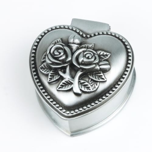 Vintage Metal Trinket Jewelry Box, Small Heart Shape Jewelry Organizer Rose Flower Sunflower Antique Treasure Chest Ring Holder, Earrings Necklace Storage Box Keepsake Box for Women (Heart-Rose) - style: Heart-Rose