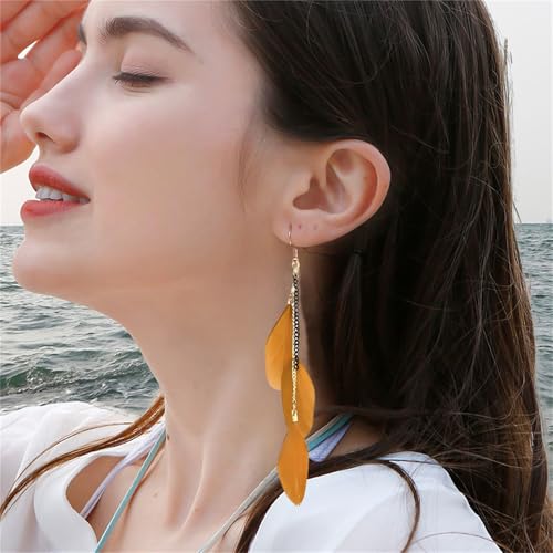 coadipress Boho Piercing Tassel Feather Long Chain Earrings Retro Lightweight Native Feather Dangle Drop Earrings for Women Bohemian Handmade Natural Feathers Earring Jewelry - color: Khaki