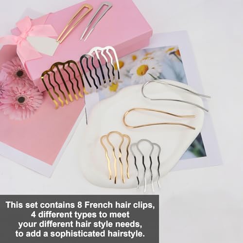 French Hair Pin, 8 PCS Hair Pins for Women Metal Hair Side Combs, French Pins Hair, U Shaped Hair Pins for Buns Updos, French Pins Hair Stick Pin Hair Combs for Styling Hairpin Hair Accessories - color: Silver&Gold
