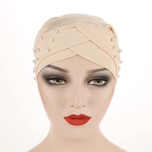 Women Beaded Silky Beanie, Pre-Tied Turban Head Wrap Cap for Chemo Chemical Cancer Hair Loss Cover Hat - color: Beige