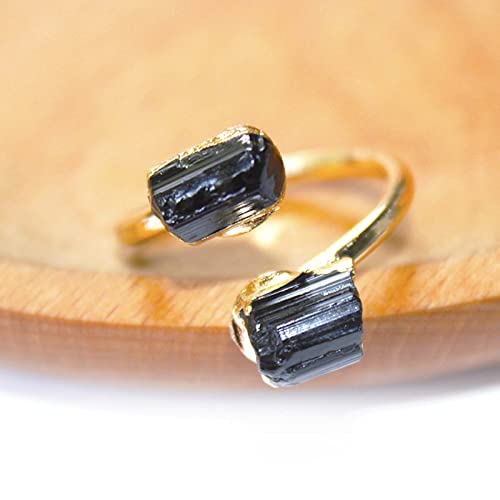 Irregular Black Tourmaline Rough Stone Open Ring Golden Handmade Finger Jewelry Adjustable Size Ring for Women Men Black Tourmaline, Resizable, As Pic Shows