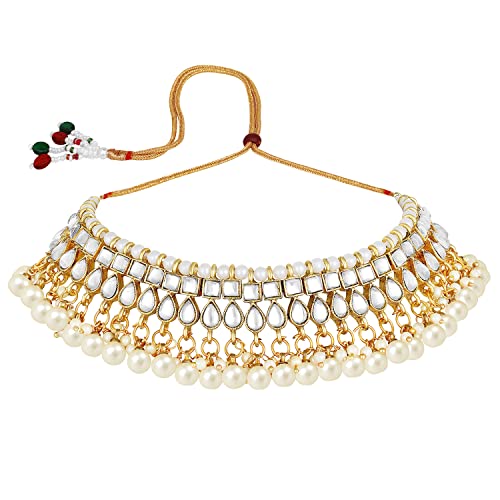 Aheli Faux Kundan Beaded Necklace Earrings Maang Tikka Indian Bollywood Ethnic Jewelry Set Gift for Women - color: White
