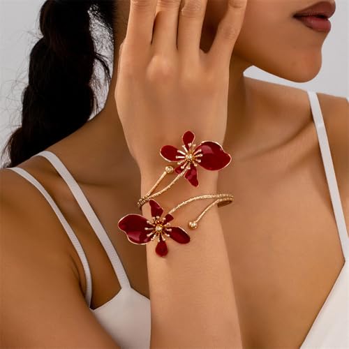 Flower Arm Cuff Bracelets for Women Adjustable Gold Upper ArmBand Jewelry Boho Floral Open Wrap Statement Bangle Bracelet Arm Cuff Jewelry Gifts for Women - color: Red