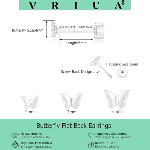 VRIUA 20G Tiny Flat Back Earrings for Women - 14K Gold/Silver Plated Small Flat Back Stud Earrings Hypoallergenic Cartilage Helix Piercing Jewelry - color: 4/5/6mm-Butterfly Flat Silver