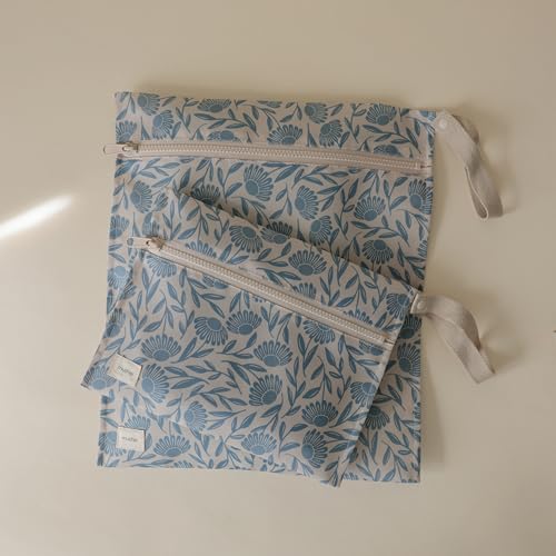 mushie Water Resistant Wet Bags | Large & Small Reusable Storage Bag for Baby Items and Travel | Zippered Pockets with Handle | Machine Washable, Set of 2 (Blue Flowers) - color: Blue Flowers
