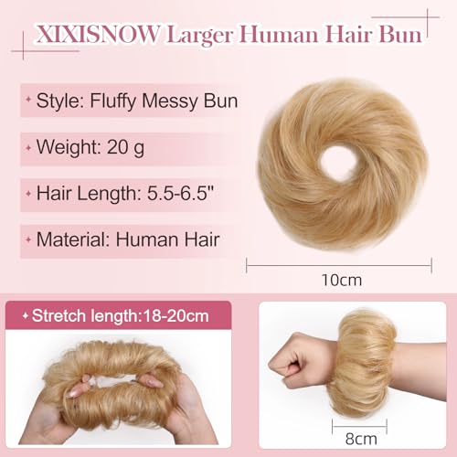 Messy Bun Hair Piece Real Human Hair Scrunchie Updo Extensions For Women Fake Buns Chignon Wig Thick Volume Heat Friendly Donut Ponytail Elastic Band AshBlonde/DarkBlonde - color: AshBlonde/DarkBlonde