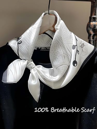 100% Mulberry Silk Scarf for Women Hair Lightweight Square Neckerchief Wrap For Head Scarves 21" - color: 23-black and White Flower /21"*21"
