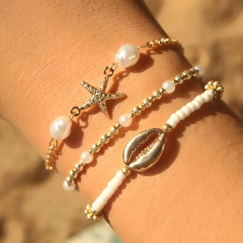 Shell Bracelet,Gold Plated Starfish Ankle Bracelets for Women Waterproof Stack Beaded Anklet Boho Hawaiian Vacation Beach Jewelry Gifts - style: starfish