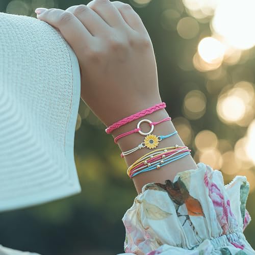 FANCY SHINY Easter Gifts Basket Stuffers Sunflower String Bracelet Boho Braided Rope Wrap Bracelets Cute Summer Beach Surfer Jewelry for Women - color: Hot Pink