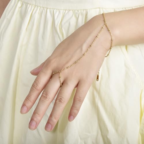 Hand Chain Bracelet Stainless Steel Finger Ring Bracelet Adjustable Gold Plated Hand Chain CZ Stackable Boho Minimalist Jewelry for Women - color: Gold Hand Chain Bracelet AN138G