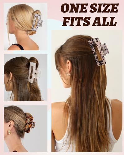 4Pcs Large Acrylic Hair Claw Clips, Nonslip Cute Hair Clips for Thick Hair and Long Hair, Rectangle Marble Claw Clips Hair Accessories for Women and Girls - color: White + Tie-dye
